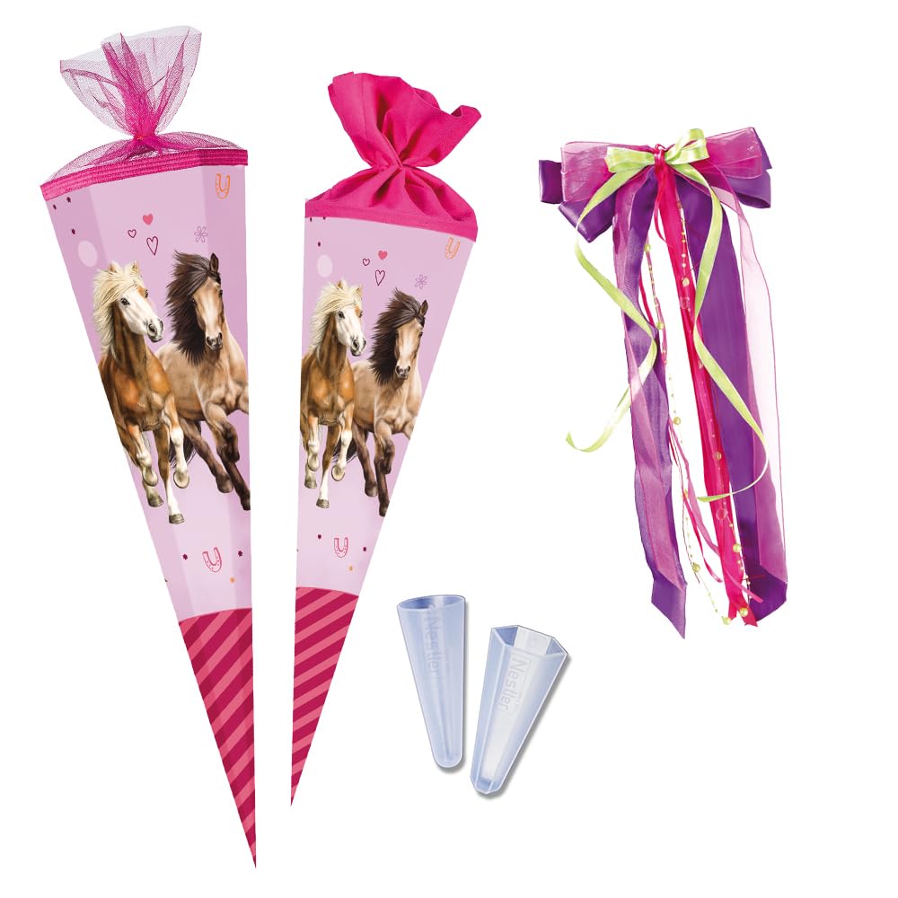 Coppenrath School Cone Set for Filling, Handmade Cardboard Sugar Bag - Licensed Horse Friends 3 Inches School Cone, Lace Protection, Bow (70 cm Round)