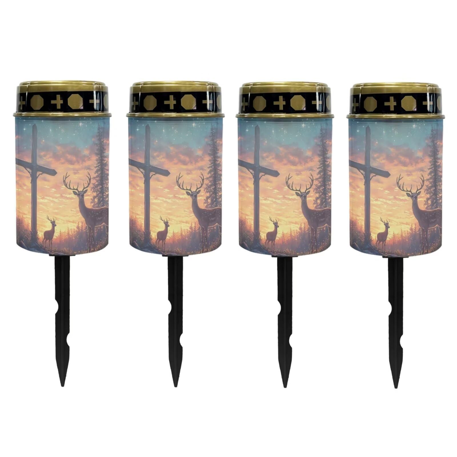 Poceacles 4 PCS Cross Solar Lights Cemetery Solar Lights for Grave Solar Candle Solar Lantern Light Walkway Lights Waterproof Landscape Lighting for Loss of Loved One, Deer Cross Galaxy Star