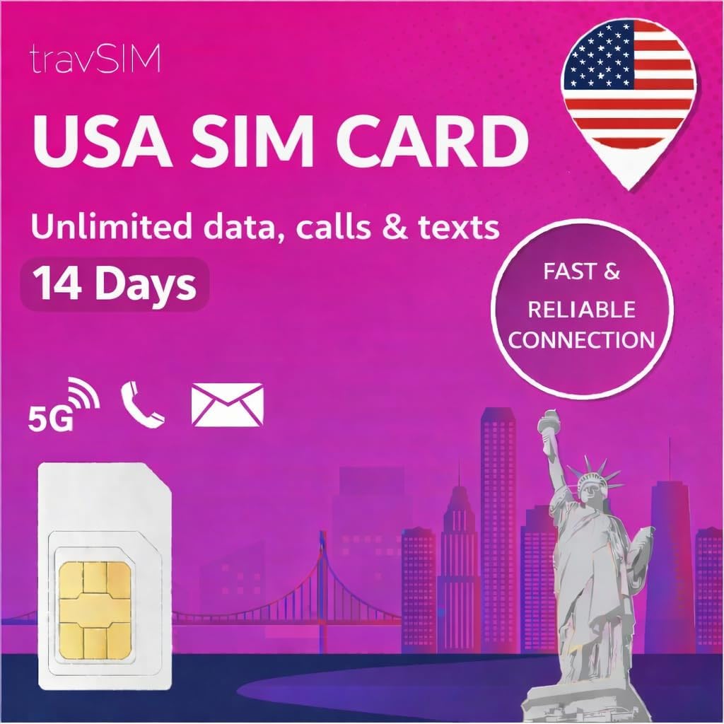 travSIM Prepaid SIM Card USA | T-Mobile Network | Unlimited Data, Calls & Texts in The USA | US SIM Card Works on iOS & Android Devices | US Mobile SIM Card 14 Days