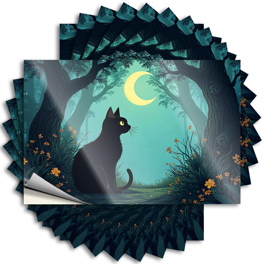 Cocoa Bottle Tattoo | A Black Cat Sits Under A Crescent Moon in A Forest. Crazy for Long Decor(8X12CM)