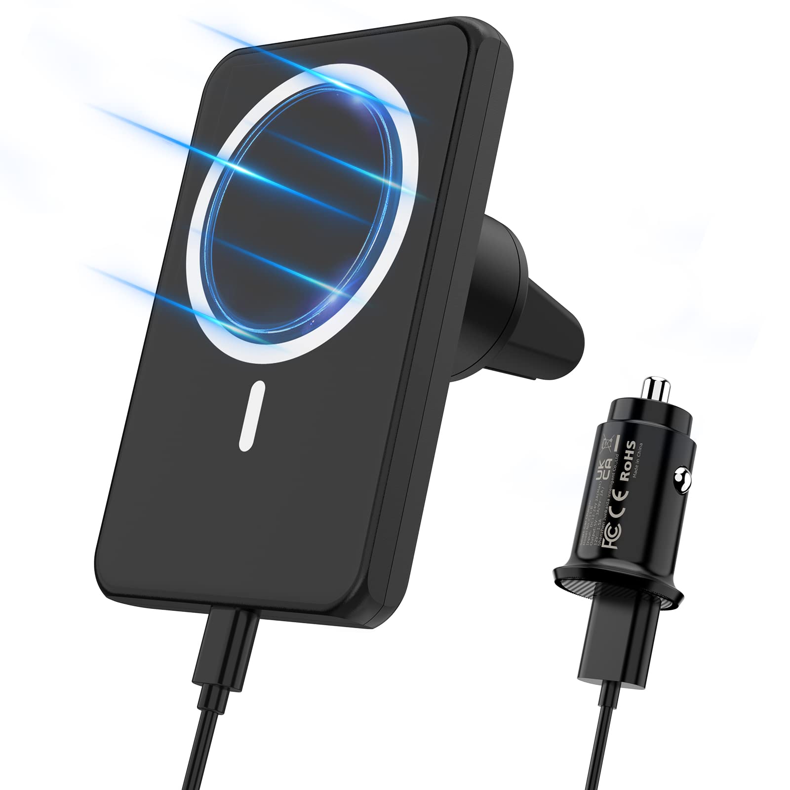 JoyGeek Magnetic Wireless Car Charger, Compatible with Mag-Safe Car Mount Charger for iPhone 14/13/12 Series, Car Air Vent Phone Holder Mount with 18W Car Charger, BlackRecycled Claim Standard Blended