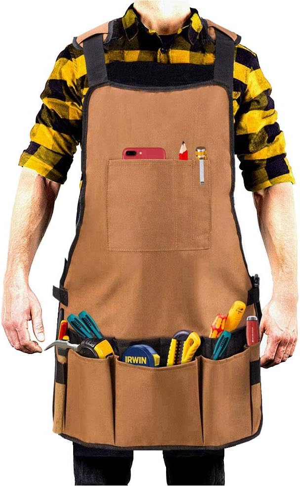 Work Aprons for Men and Women, HMMS Heavy Oxford Canvas Shop Apron with Pockets - Multiple Tool Pockets for Wood Working and Gardening - Adjustable Shoulder and Waist, Handicrafts, Cleaning
