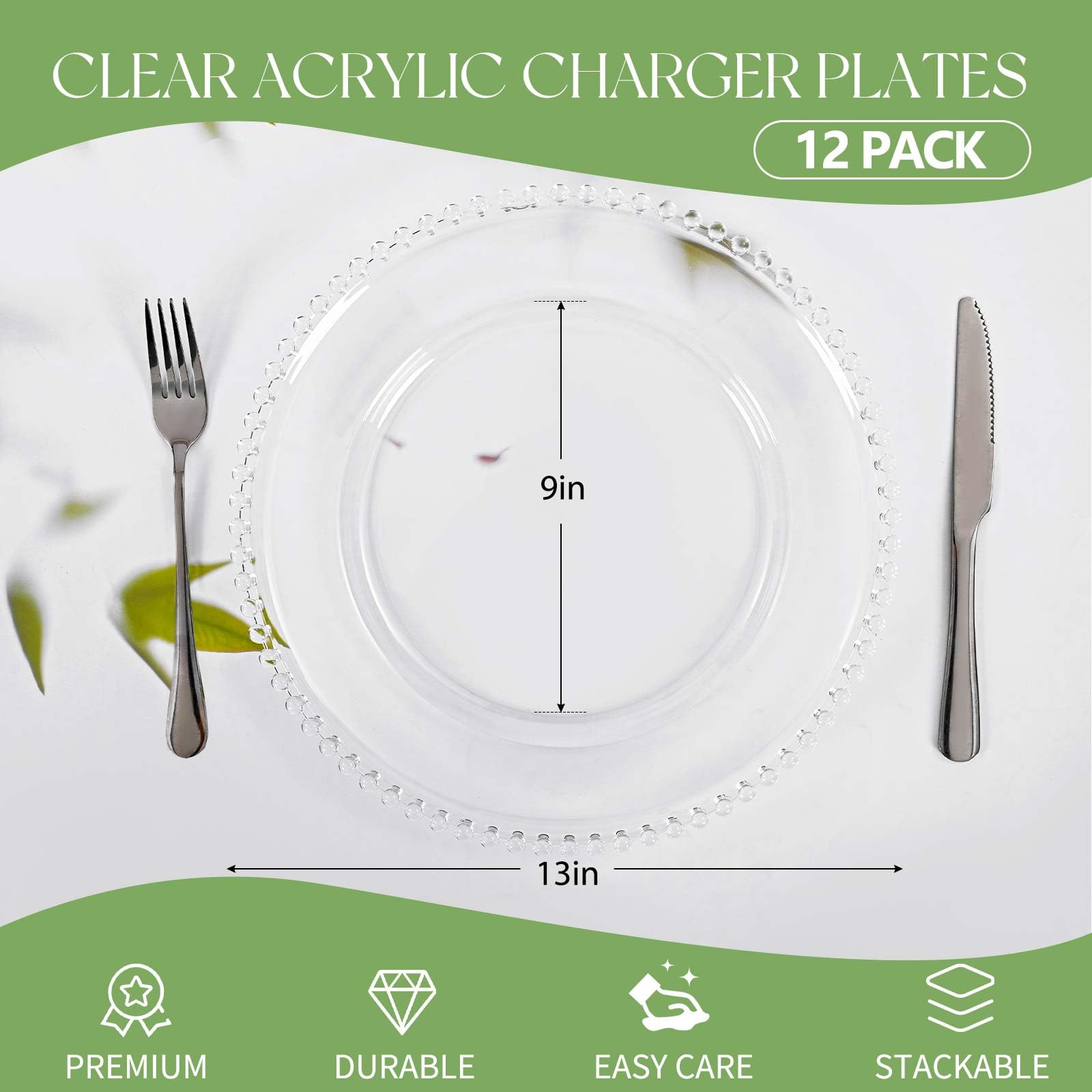 Paquete de 12 platos de carga redondos de acrílico transparente con borde de cuentas, plato decorativo de plástico de 13 pulgadas para mesa, boda, fiesta, evento