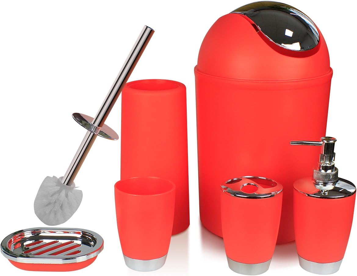 SOELAND Bathroom Accessories Set,6 Piece Plastic Bath Ensemble Includes Toothbrush Holder,Toothbrush Cup,Soap Dispenser,Soap Dish,Toilet Brush Holder,Trash Can for Housewarming Gift (Red)