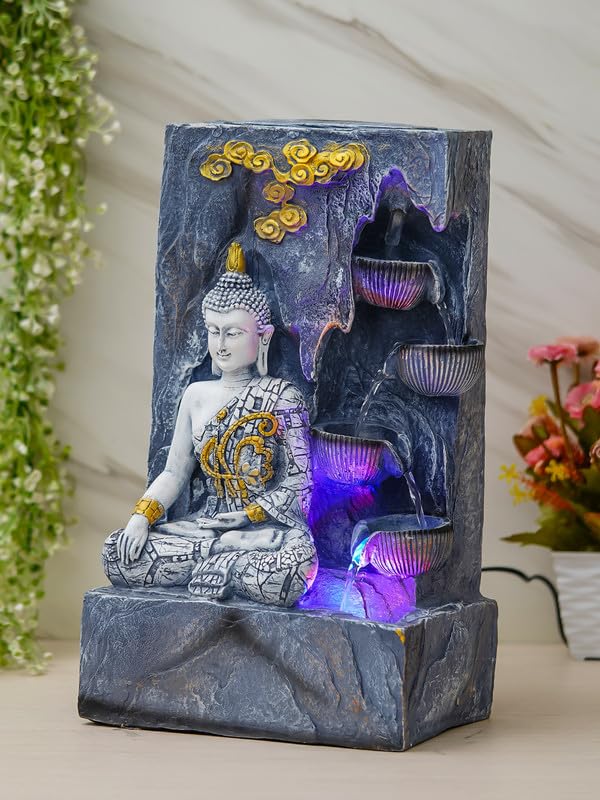 Image of Grey Polyresin Tabletop Designer 4 Step Indoor Water Fountain for Home Decor with LED, Speed Control Pump (Size: 26 x 18 x 44 CM | Weight: 2910Gram)