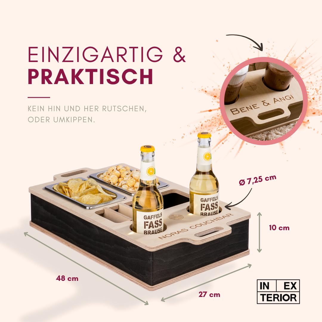 INEXTERIOR CouchBar - PERSONALISIERBAR - handgefertigt in Deutschland - Zwei Snackschalen, Organizer und Flaschenhalter - Couchbutler couchorganizer Sofaorganizer Sofaablage Tablett Couchbutler