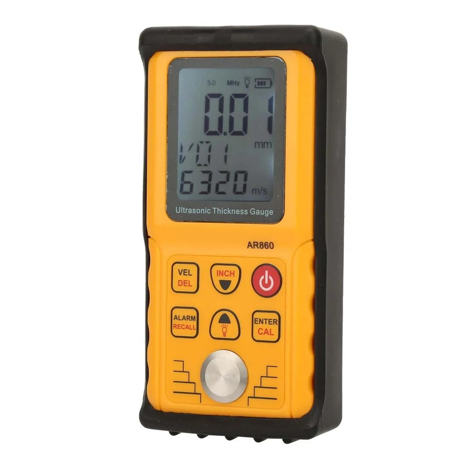 Medidor de espesor ultrasónico digital con rango de medición de 1,0 a 300,0 mm (acero) y velocidad del sonido. Para una variedad de materiales