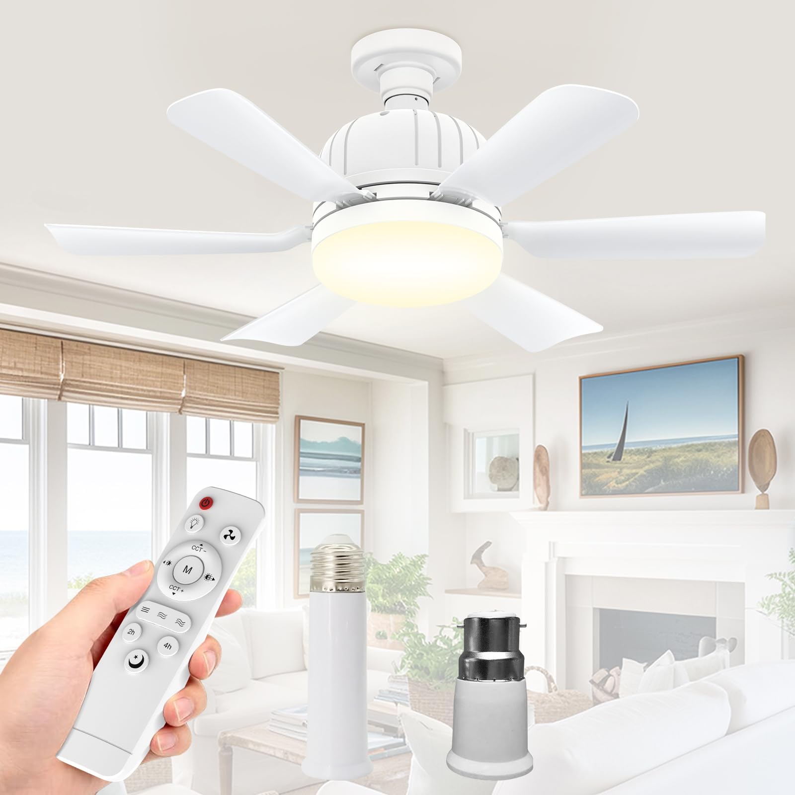 OIWERH 46cm E27/B22 Ceiling Fan Light Bulb Bayonet Fitting, Ceiling Fans with Lights and Remote, Ceiling Fans Lights Dimmable, Ceilings Lamp with 3 Speeds Timing, 6 Blades