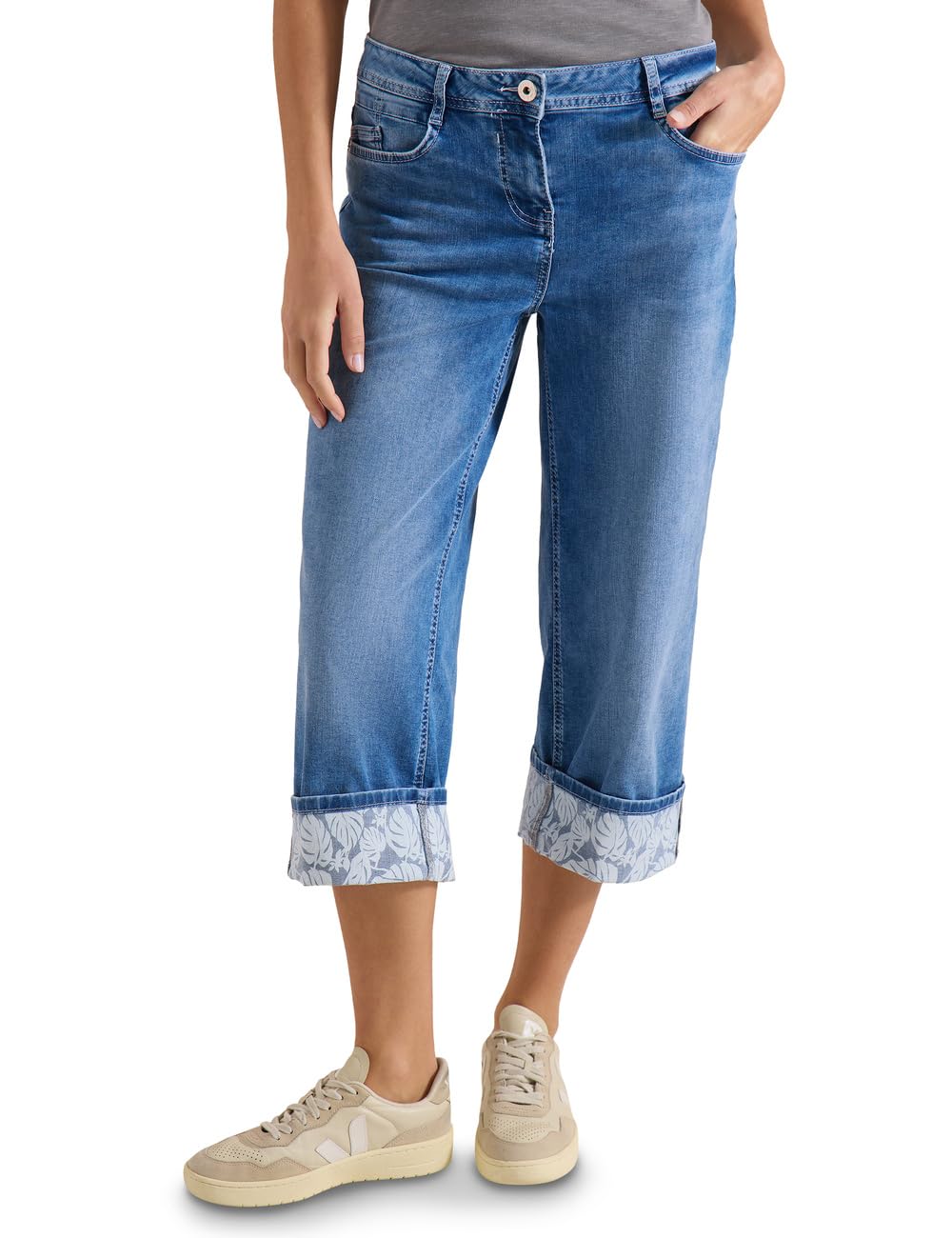 Cecil Women's 7/8 Wide Leg Jeans with Turn-Up Detail 3818609, Mid Blue Wash, 27W x 26L