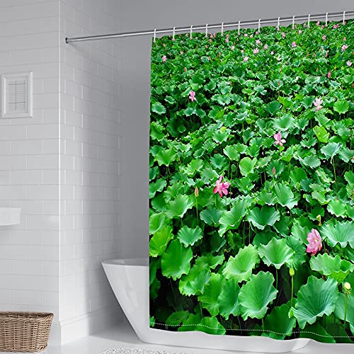 Rideau de douche en polyester haut de gamme motif fleurs d'étang vert et rose - 2