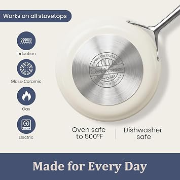 CookinCraze Premium Ceramic Frying Pan, 8 Inch Nonstick Egg Skillet | for Healthy Cooking PFAS & PTFE Free, Induction Compatible, Oven Safe up to 500F, Stay-Cool Stainless Steel Handle, Cream
