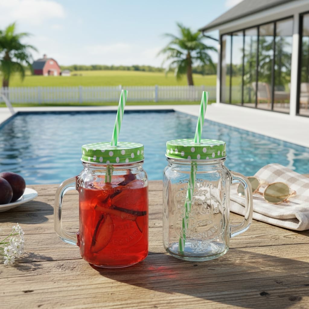 400ml Glass Jar with Straw and Handle | Solid Containers for Juice water shakes and Milk | Home and Restaurant Use | Big Mouth Easy to Wash (Reusable Straw Freeee) (PACK OF2)