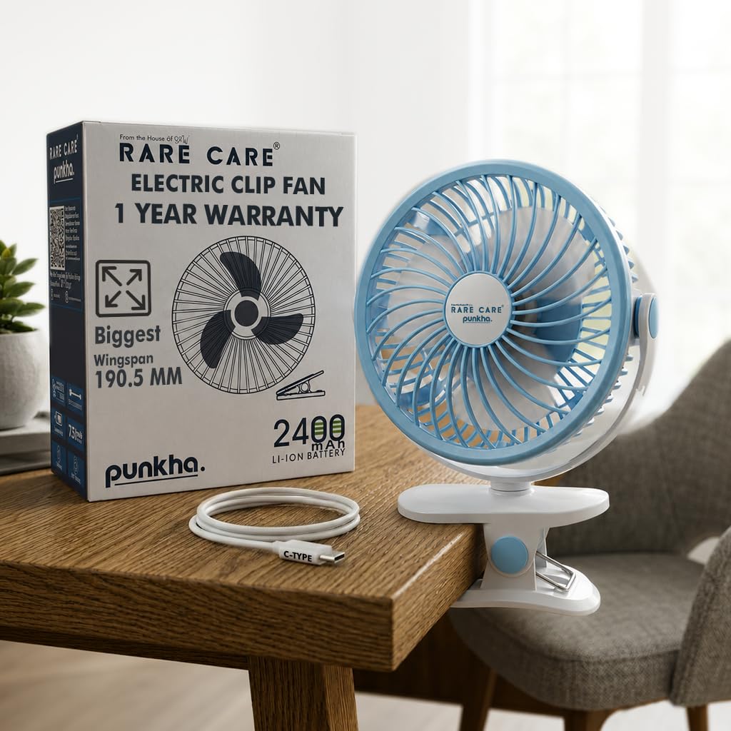 Table Fan for Home 190.5 MM Fan with LED Lighting | Rechargeable | C-Type Charging | 5 -Hours Battery Backup | 3 Speed | Large-Diameter | High Speed | Bigger Than Average Design | Blue | Punkha-image-23