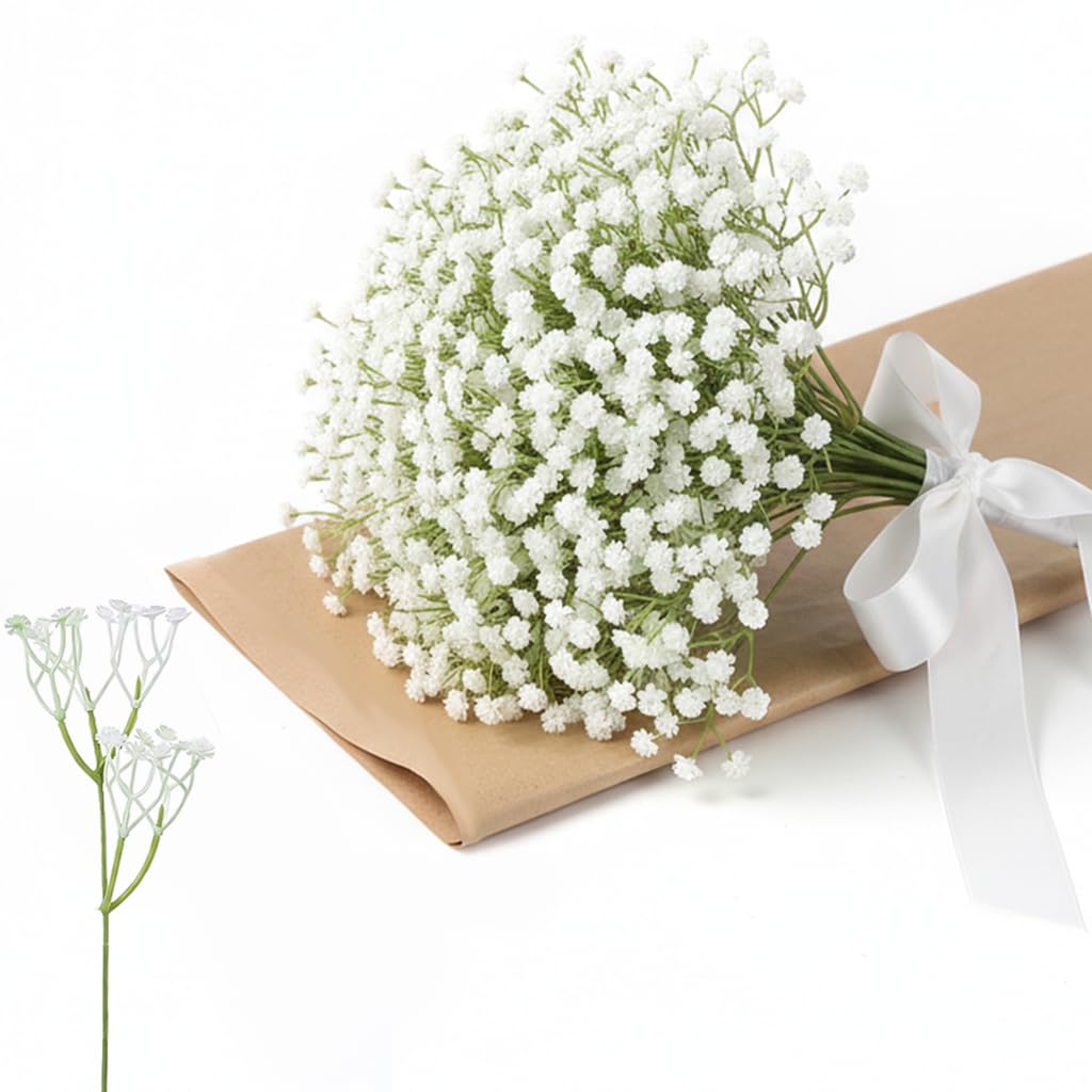 DAQUN 8 Pack Fake Flowers Artificial Gypsophila Stems, Lifelike White Faux Flowers for DIY Crafts and Vase Displays