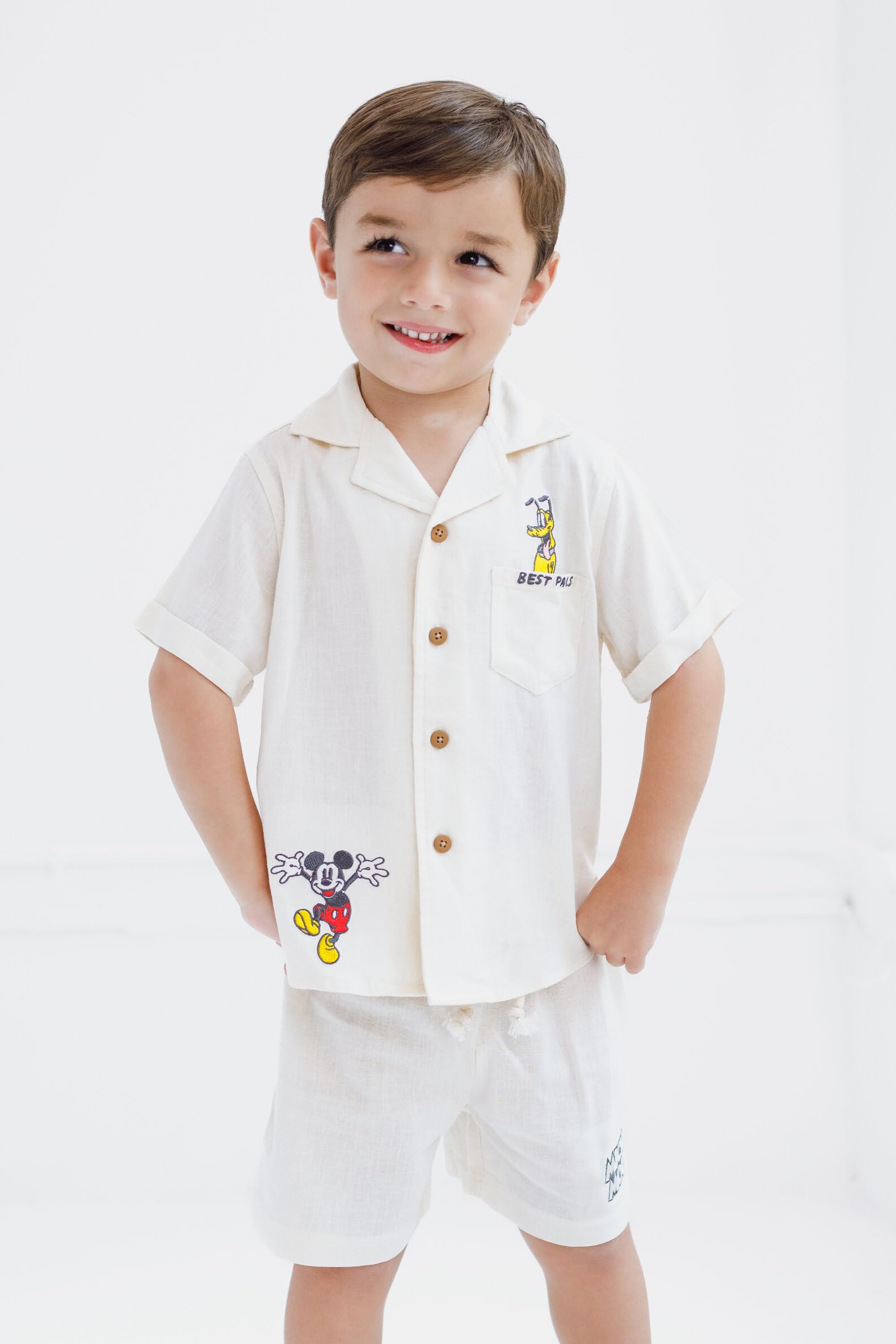 Disney Mickey Mouse - Completo in lino con camicia e pantaloncini con bottoni, taglie da neonato a bambino (12 mesi - 7-8)