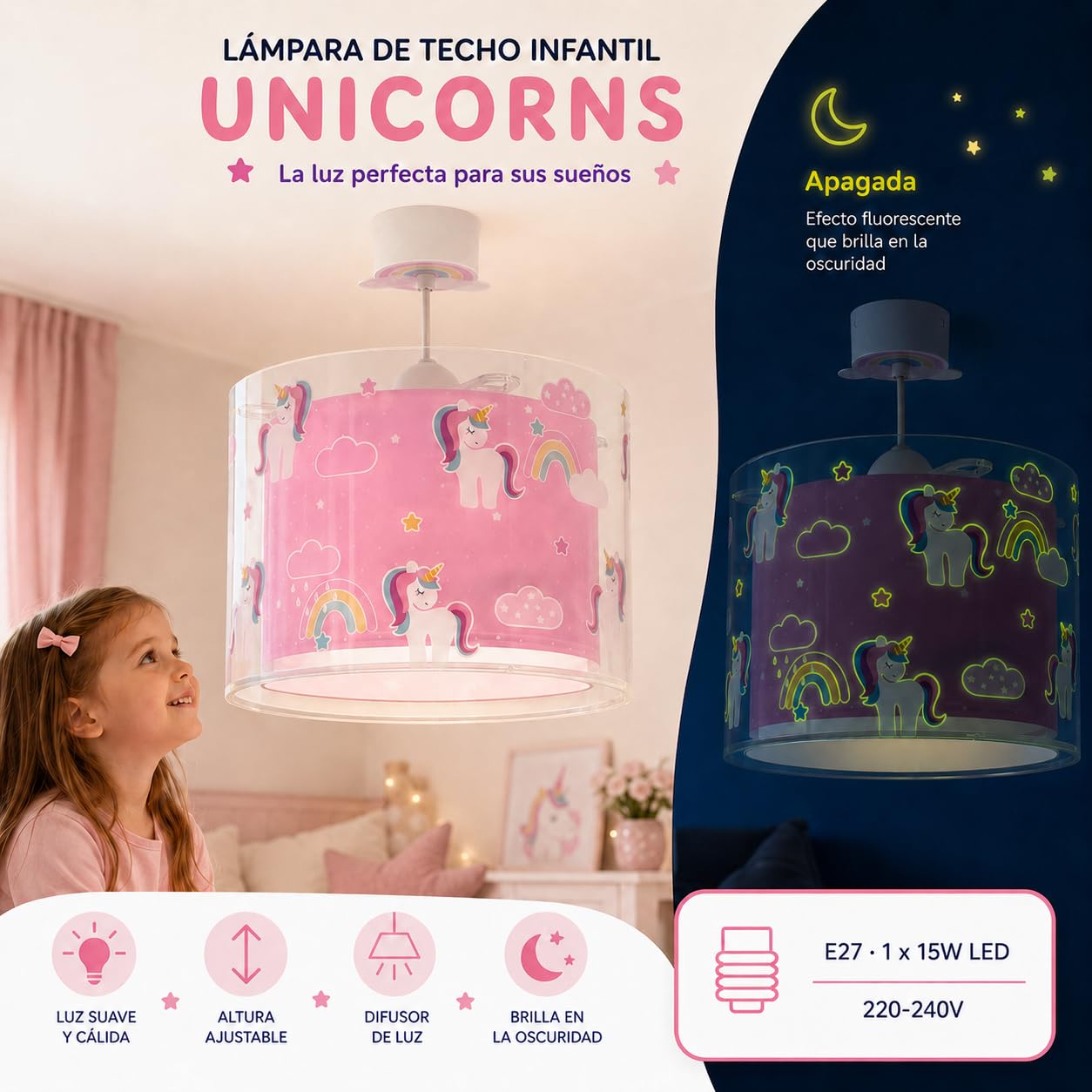 Dalber Lámpara Techo Colgante Infantil Unicorns Unicornios 41592M E27