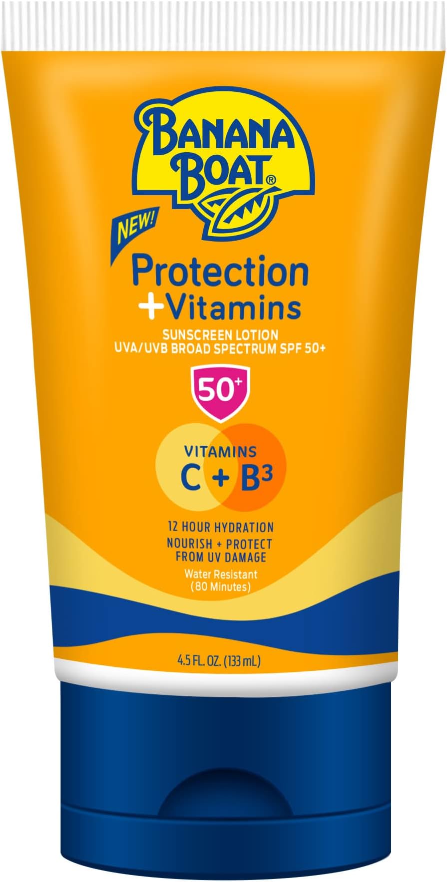 Banana Boat Protection + Vitamins Sunscreen Lotion SPF 50, 4.5 oz - Nourishing, Moisturizing, Vitamin C, Niacinamide, Water Resistant, Dermatologist Tested
