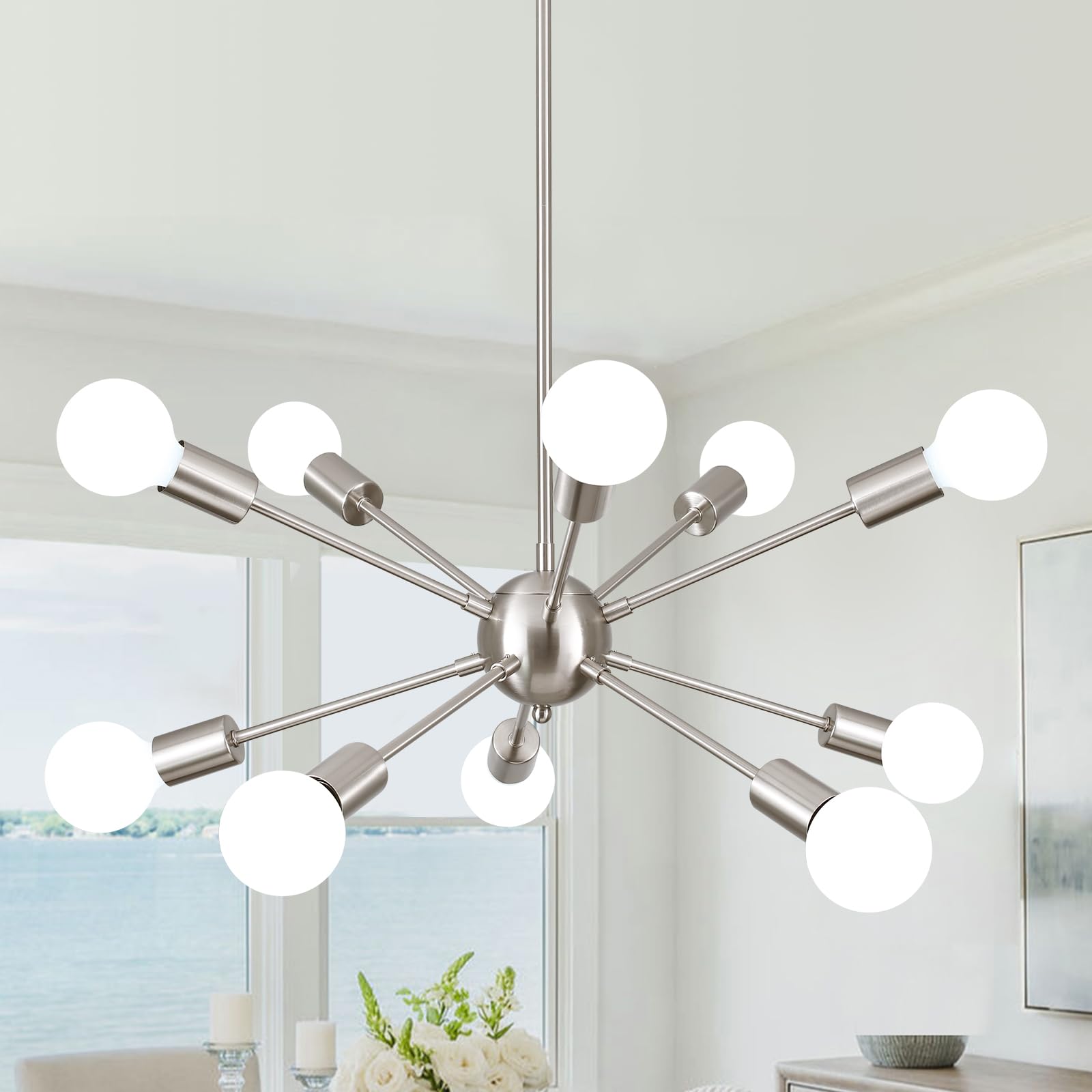 LXWNYY Mid Century Modern Sputnik Chandeliers,10 Lights Sputnik Ceiling Light Fixture Modern Brushed Nickel Chandeliers for Dining Room Silver