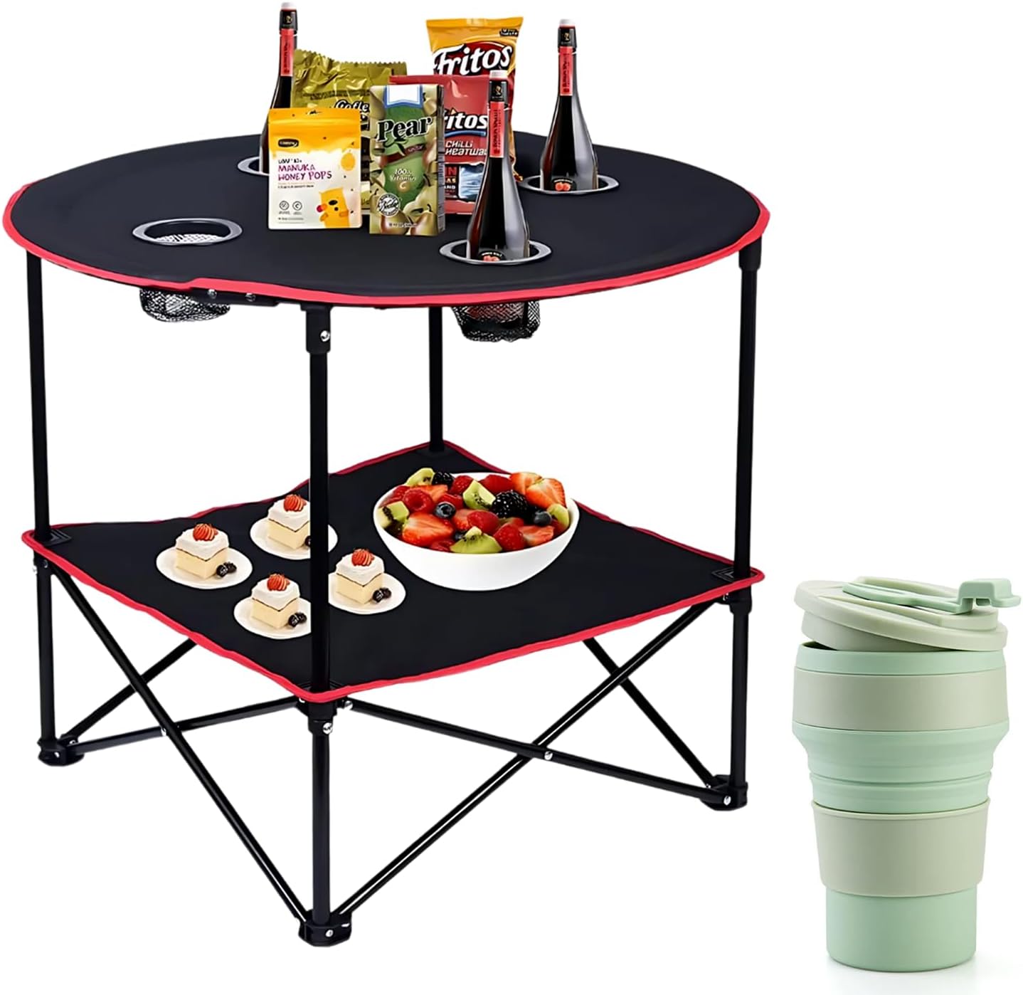 Camping Table, 2-Tier Folding Portable Table with 4 Cup Holders, Camping Cip & Carry Bags for Camping, Collapsible Table Steel Frame, High-Grade 600D Canvas, for BBQ, Fishing, and Picnic