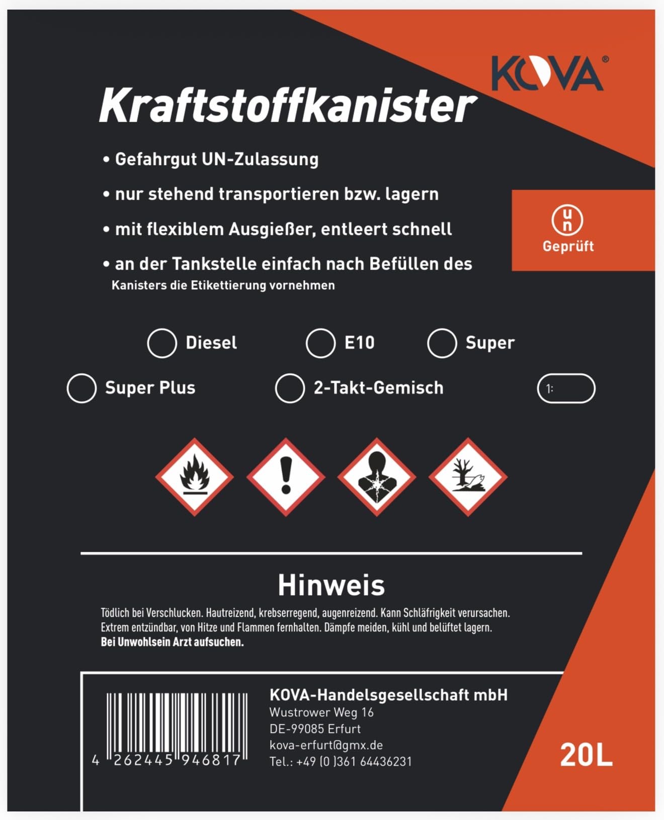 5x Benzinkanister 20L SCHWARZ Kunststoff Dieselkanister Reservekanister Kraftstoffkanister 20 Liter Kanister, Wasserkanister für Benzin Diesel Wasser AdBlue, 20-Liter-Kanister Ausgießer Petrol Can, A