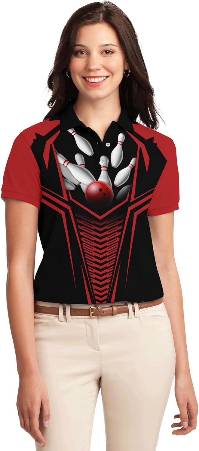 Sporty Bowling Lover Golf Shirt Personalized Red Sporty Bowling Ball Short Sleeve T-Shirt 3D Bowling Theme Clothes