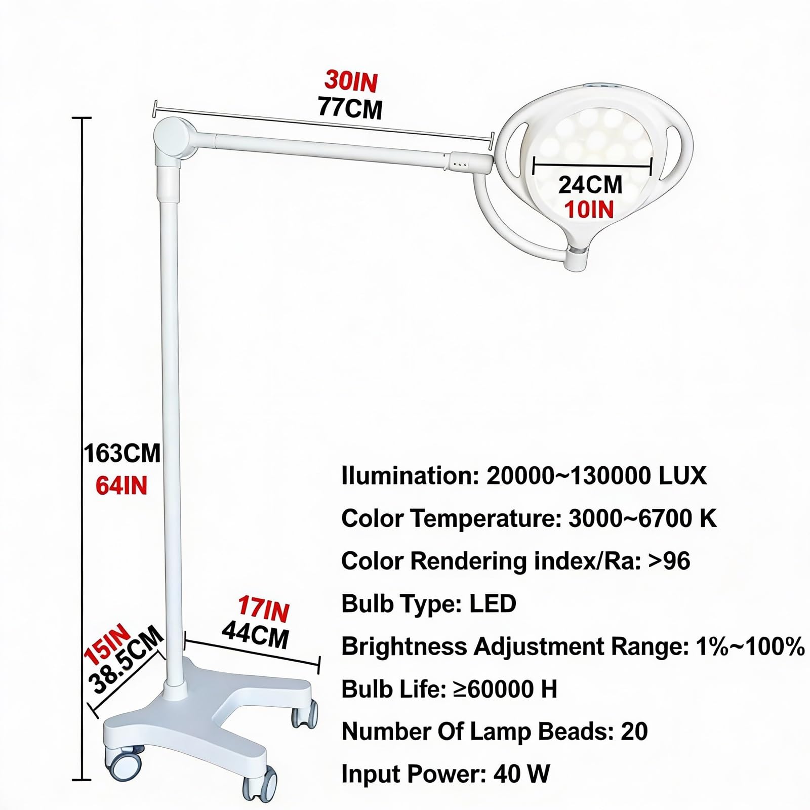 Mobilna Lampa Medyczna LED Bezcieniowa z Regulacją Oświetlenia w Zakresie 360°, Pięciostopniową Regulacją Natężenia Światła, Lampa do Badań Chirurgicznych i Stomatologicznych