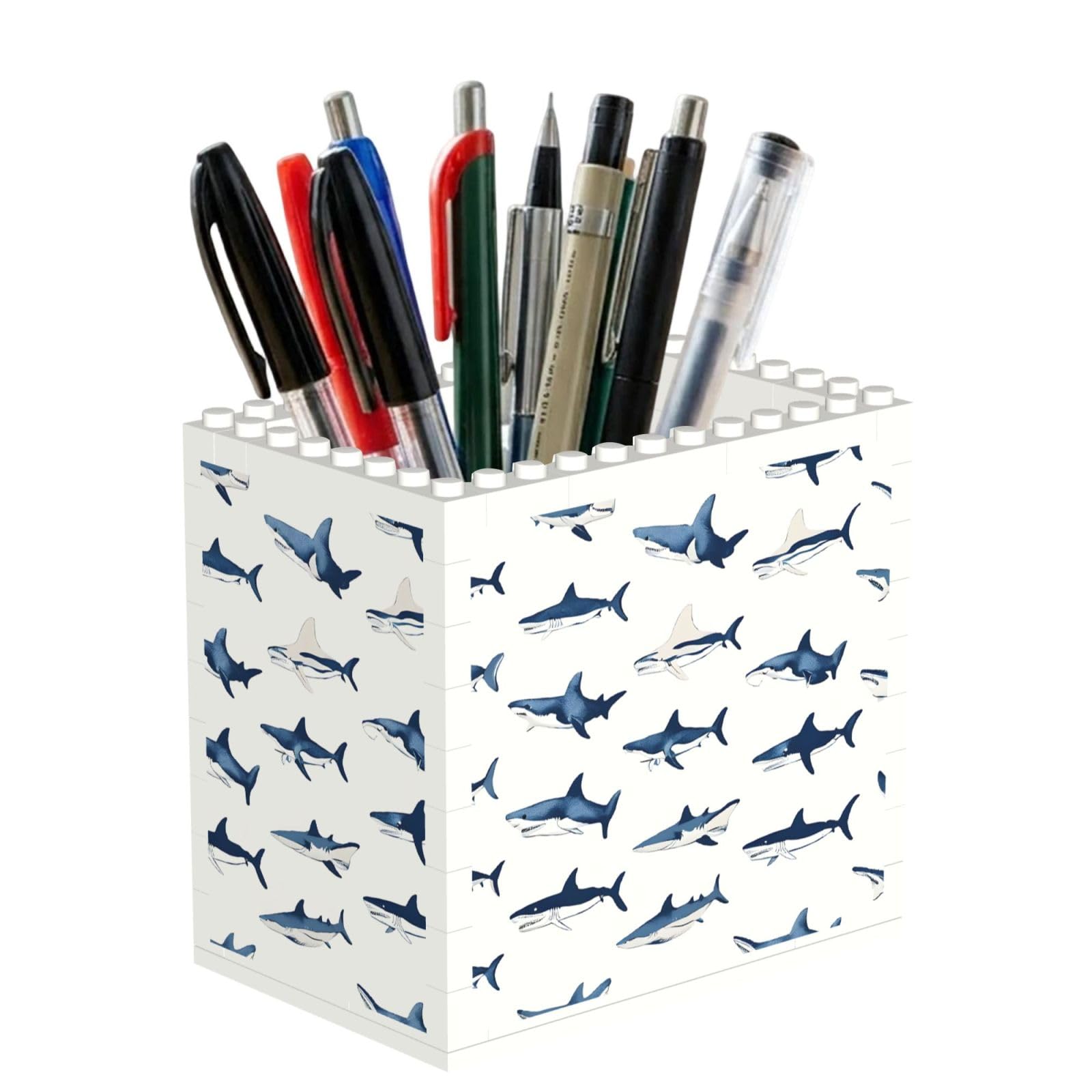 ESNAIUVCD Sharks Print Building Block Pen Holder - Pencil Holder For Desk/Classroom,Desk Accessories, Multifunctional Office Supplies Pen Organizer Pencil Cups(1pcs)
