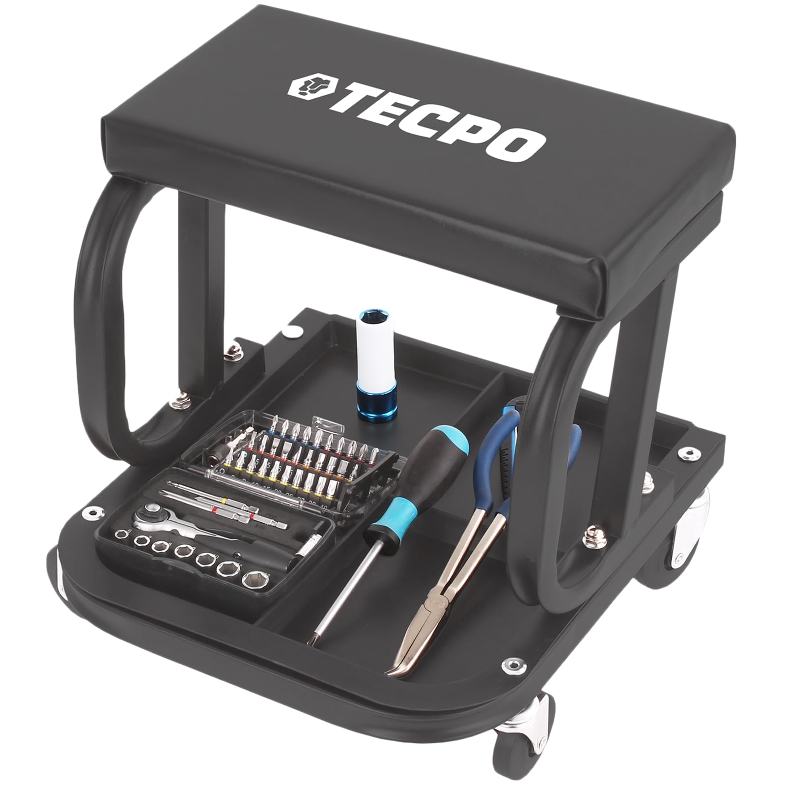TECPO Werkstattrollbrett 1030 mm lang + Werkstatthocker 120 kg Montageliege Rollsitz 360 Grad drehbar