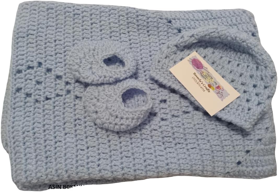 Crochet Blue Baby Blanket with Hat and Booties, Baby Afghan, Baby Girl Afghan, Baby Blanket, Baby Booty, Blanket