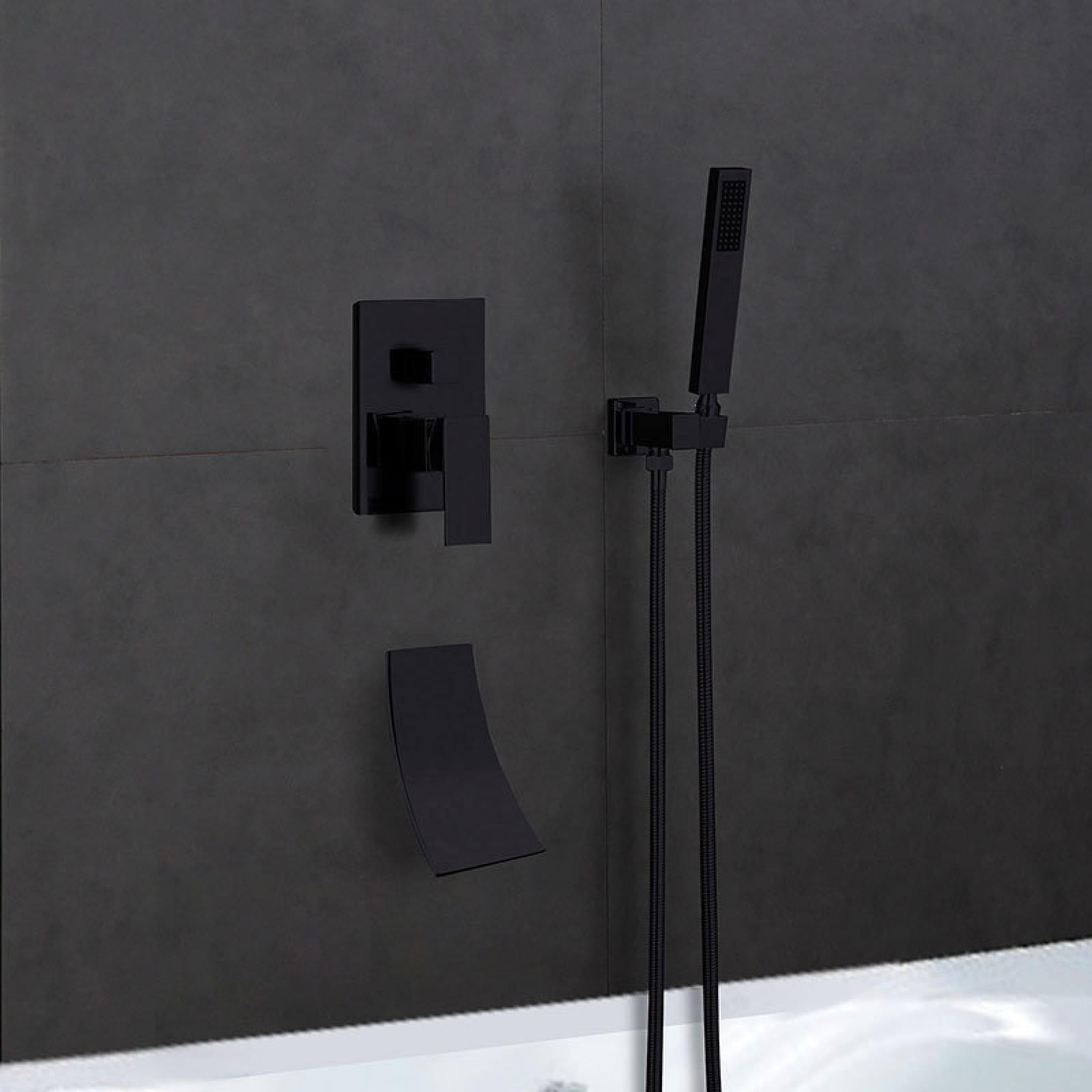 ASerZenith Black Full Copper Bathtub Embedded Wall Shower Concealed Shower Waterfall Washbasin Faucet Hidden Hot and Cold Set(B2 Shower + Waterfall)