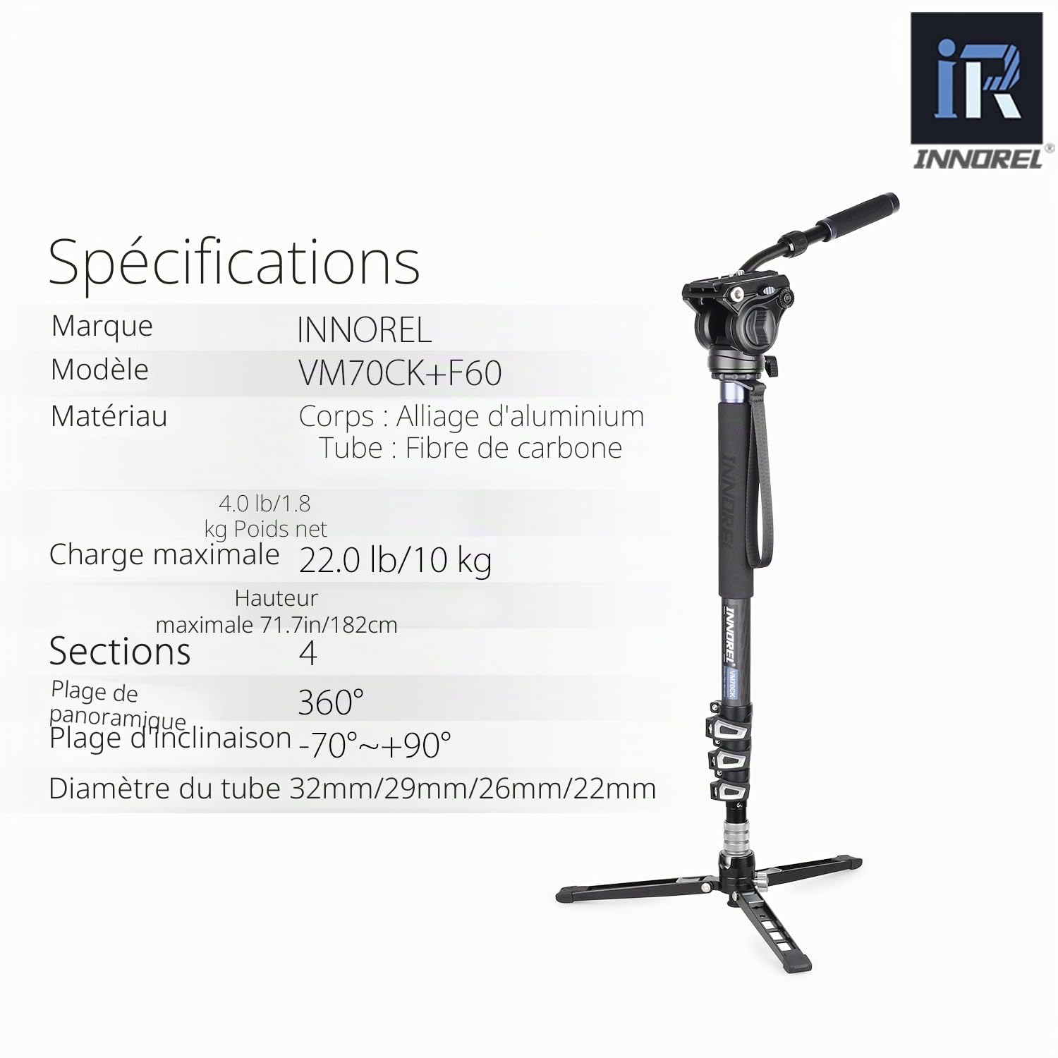 INNOREL VM70CK Monopode en Fibre de Carbone pour Caméra Télescopique avec Tête Fluide et Base Tripode Pliable