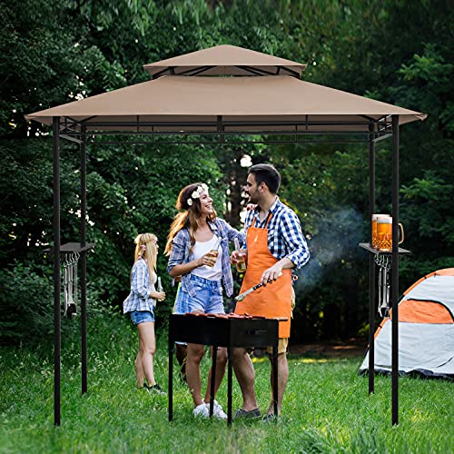 Dikasun Bbq Grill Gazebo 8' X 5' Barbecue Canopy Double Tiered Outdoor Bbq Grill Tent W/Air Vent With Shelves And 10 Hooks (Beige) #TOP1