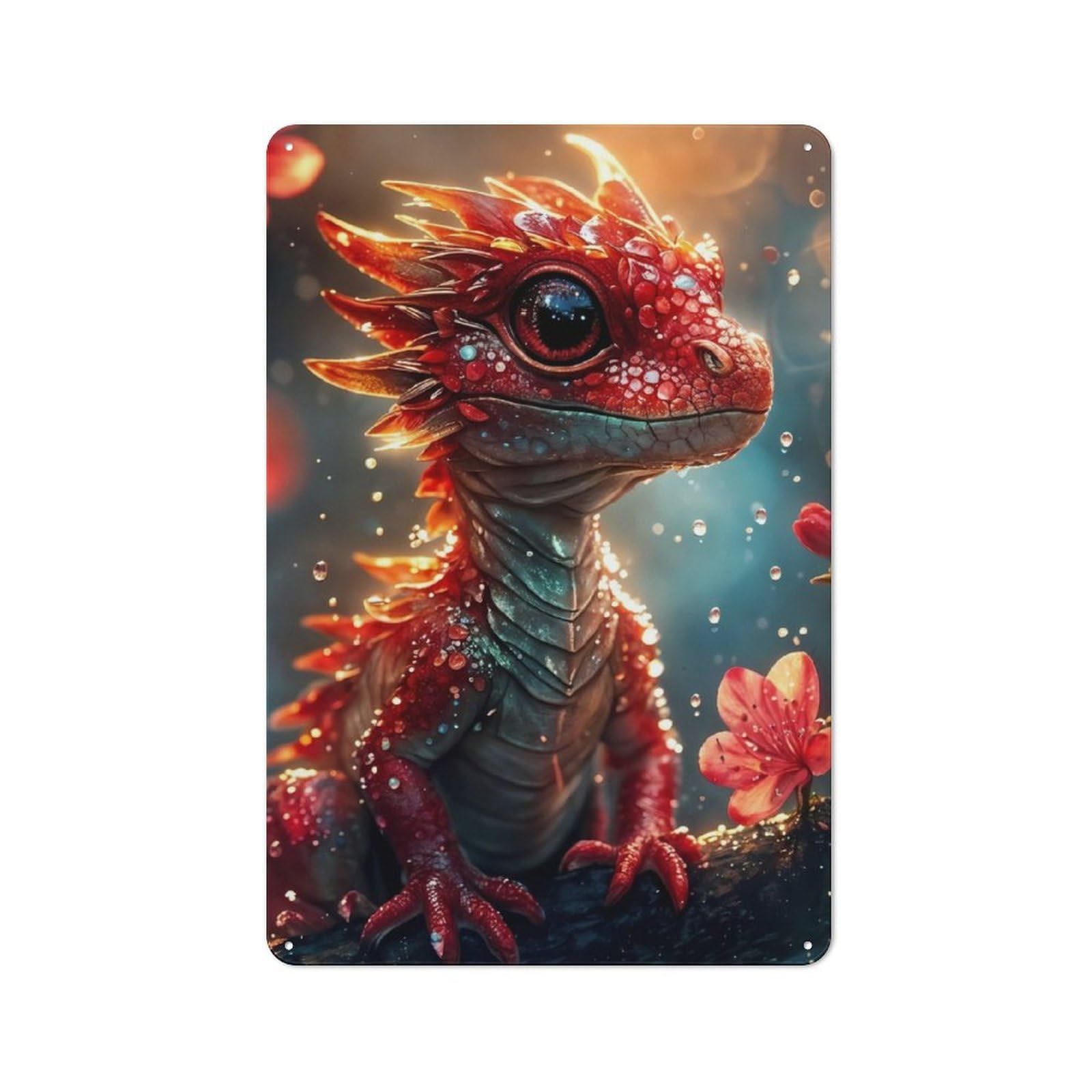 Junmoney Fire Red Baby Dragon Printed Metal Sign 30X20cm For Home Bar Wall, With Clear Vintage Wall Decor Character