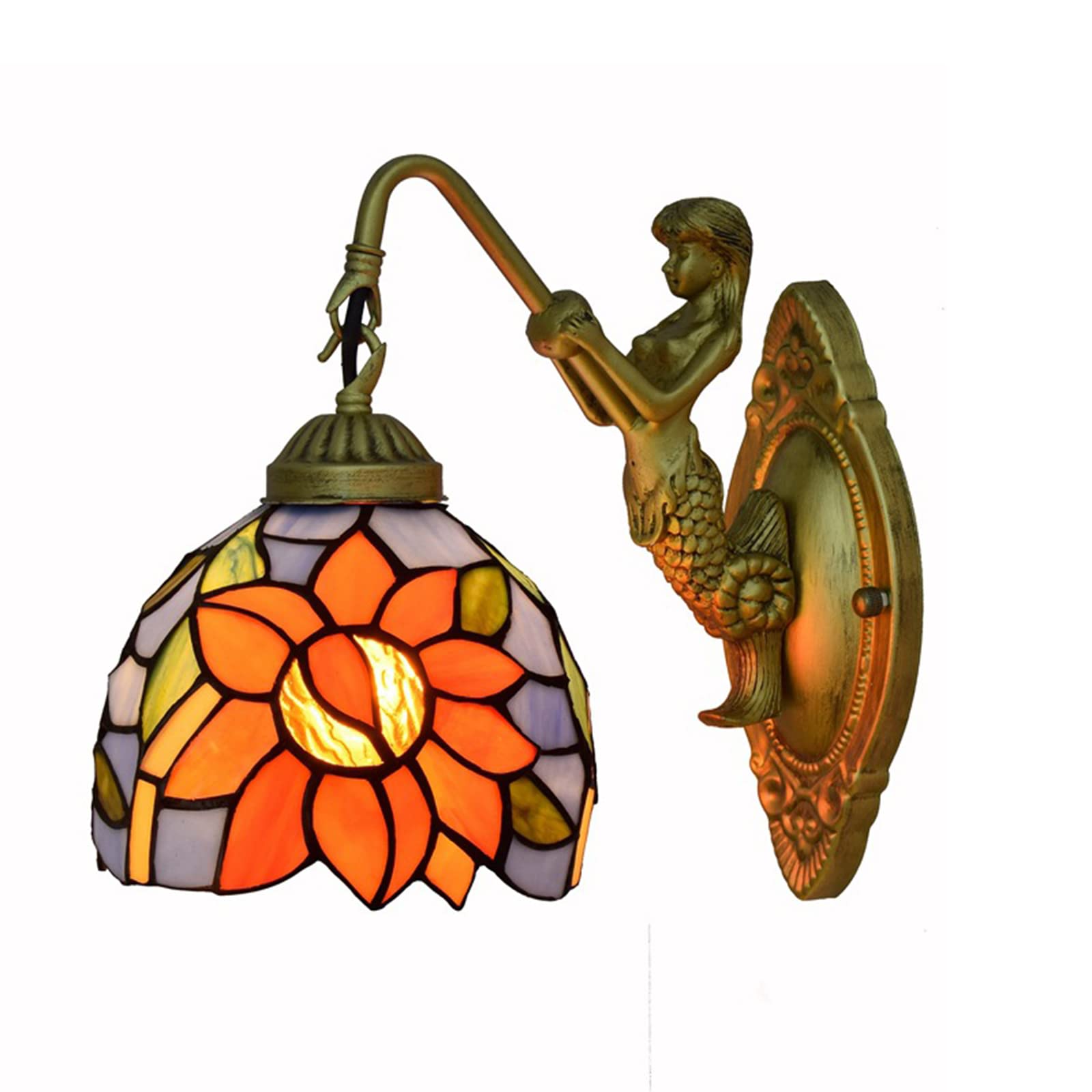 NHPJFDC 6Inch Tiffany Wall Sconce Sunflower Stained Glass Lamp Mermaid Lamp Arm Wall Lighting Fixture For Living Room, Stairwell, Bedroom