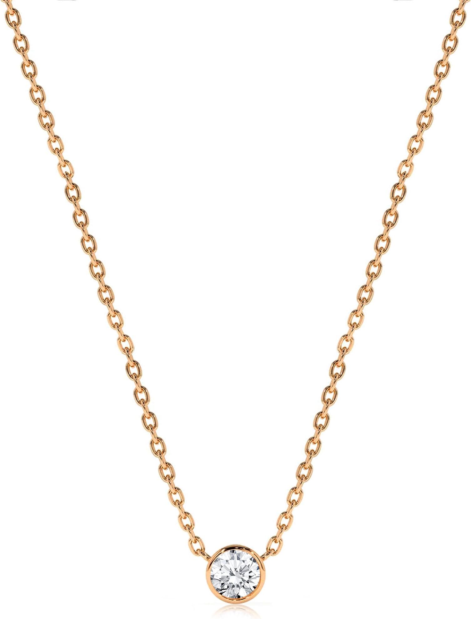 Round Cut White Diamond Double Layer Drop Necklace For Women, 14K Rose Gold Plated Silver April Birthstone Diamond Chain Necklace