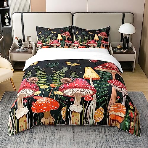 Loussiesd Kids Mushroom Bed Cover 100% Cotton Set Natural Wild Fungus 100% Bed Set for Kids Botanical Plants Butterfly 100% Bed Set including 2 Pillowcases Super King Size Zipper