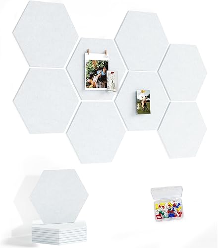 Miniatura 31 de Tablero de anuncios grande de 12 pulgadas con 30 pasadores, paquete de 8 tableros de anuncios de fieltro hexagonal para oficina en casa, azulejos