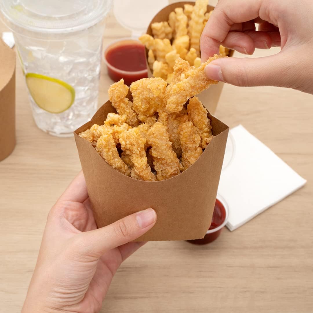 Restaurantware Bio Tek 4.5 x 3.2 x 3.9 Inch French Fry Cup 100 Disposable Snack Cups - Stackable Sustainable Kraft Paper 3 Ounce Fry Holder For Fries Onion Rings Popcorn or Cookies