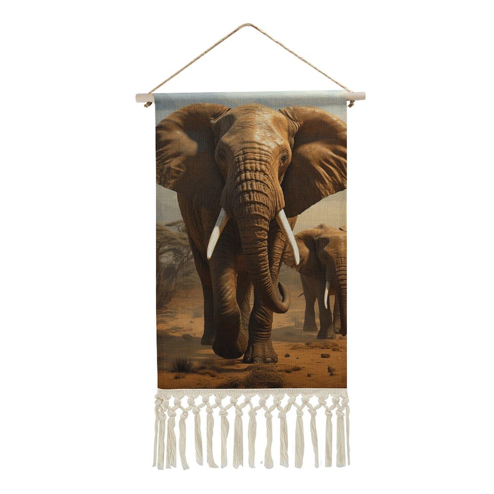 FekiLoot Elephant Animals Wall Art Poster Hanger Frame Vertical Tassel Tapestry Cotton Linen Hanging Poster Decorative Wall Art Prints Vintage Wall Art Decor for Home Bedroom Living Room Office