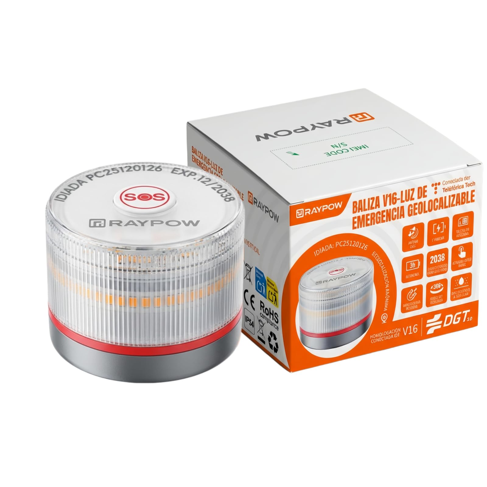 Baliza V16 Geolocalizable Conectada a DGT 3.0 Luz de Emergencia Homologada, Baliza de Emergencia V16 Datos Incluidos hasta 2038, Base Magnética, IP54, Visibilidad 360° 1 km