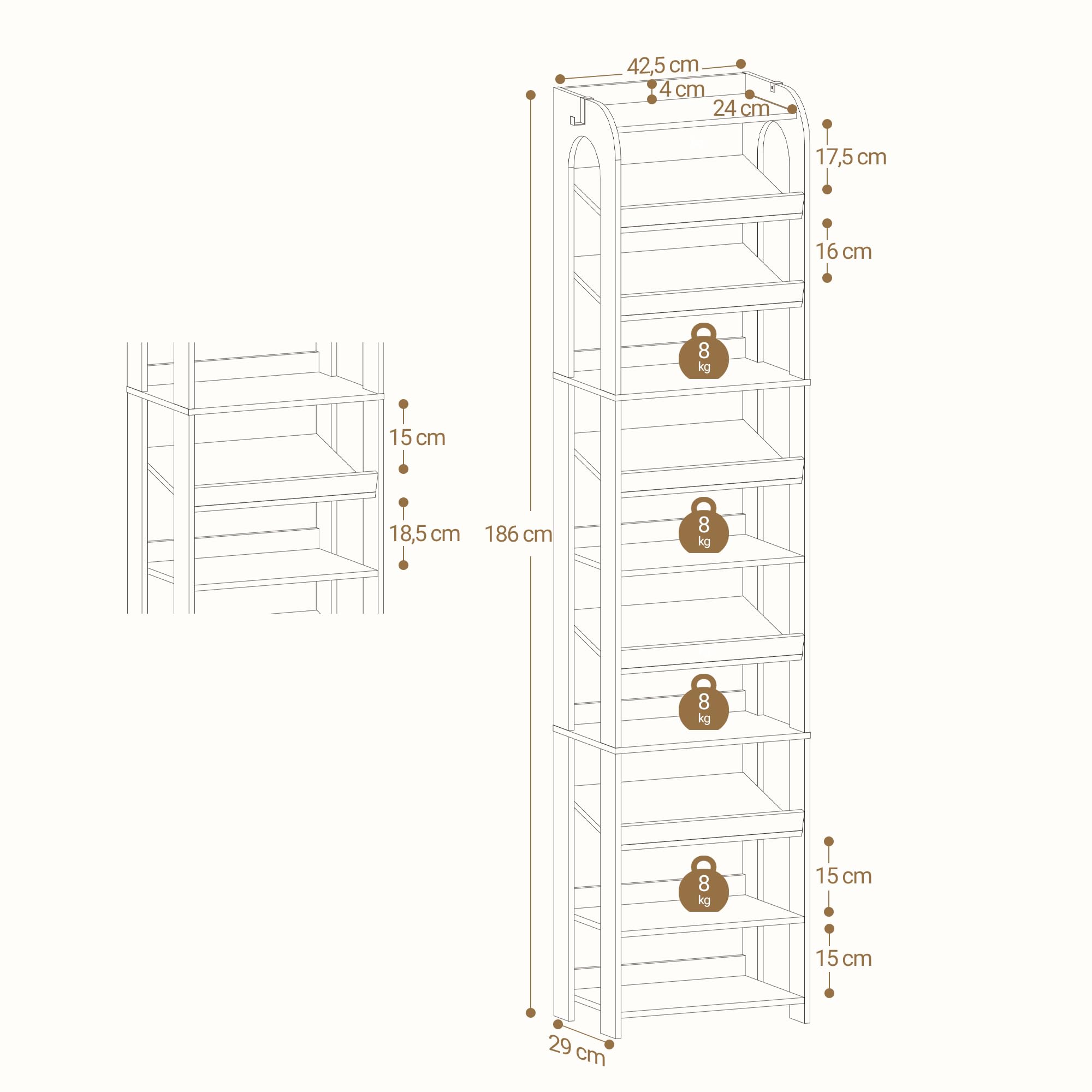 Hzuaneri Vertikales Schuhregal, 11 Ebenen, mit Haken, 42,5B cm, Weiß | Holz-Schuh-Organizer für Schrank, Eingang, Schuhturm für Kleine Räume, Freistehend, Verstellbar, SR13403X