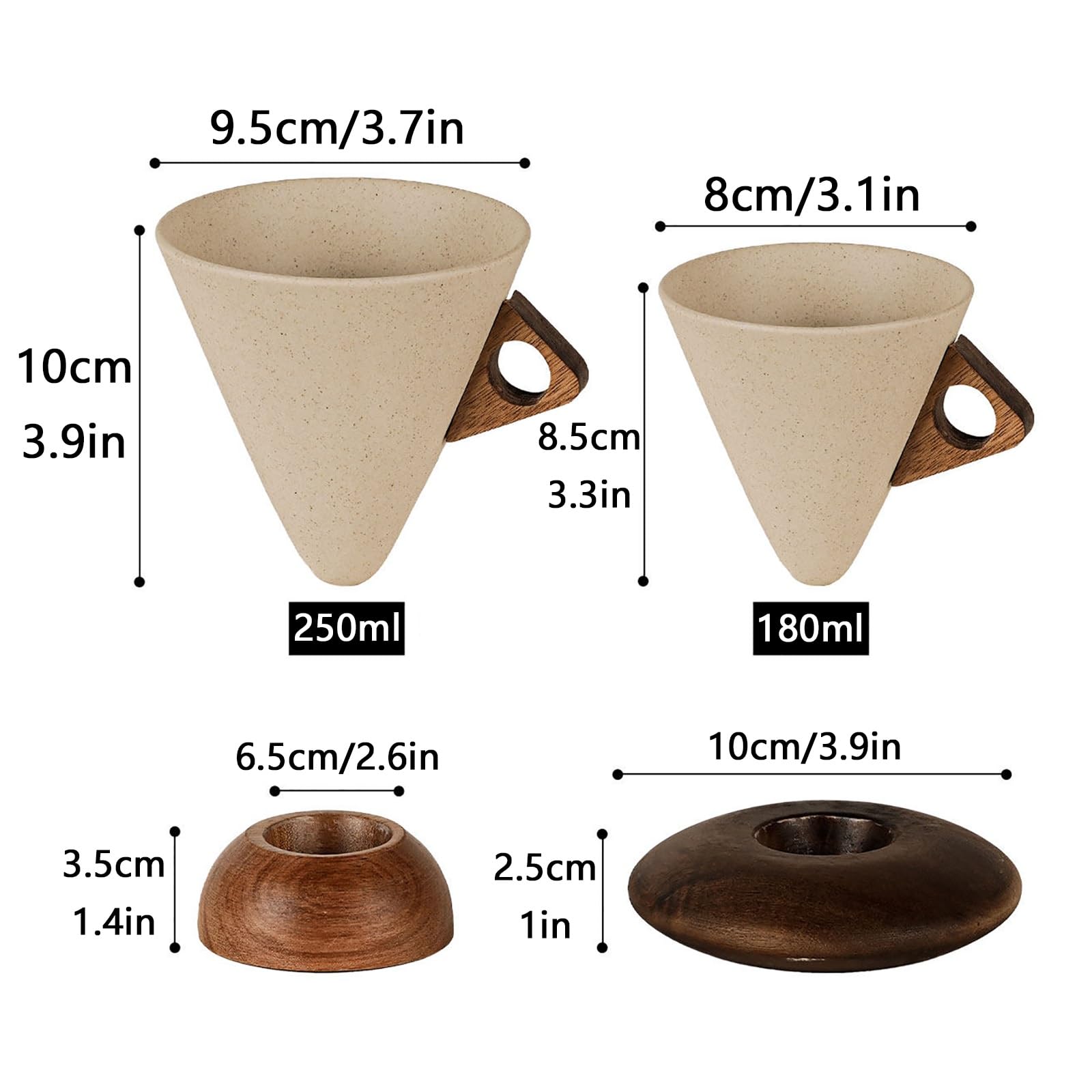 Kreatives Konisches Kaffeebecher-Set, Retro-Keramikbecher, Design mit Holzgriff, Stabil und Rutschfest, Geeignet für Zuhause, Büro und Restaurant(Natural1,Medium)