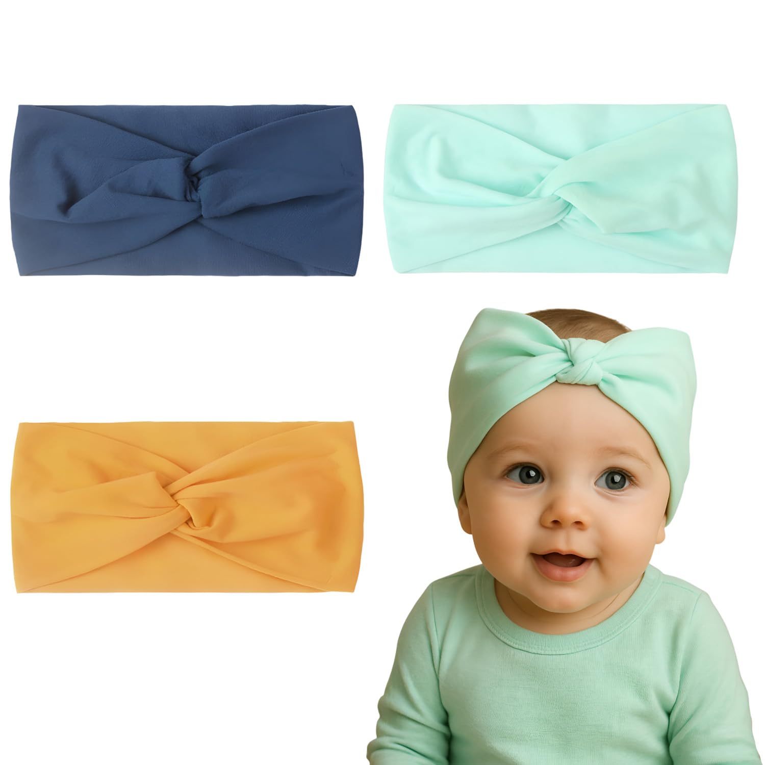 SYGA Pack Of 3 Baby Headbands Soft Nylon Cross Strechable Hairbands For Newborn Infant Toddlers Kids 0-3 Year (MintGreen-Yellow-NavyBlue)-image-7