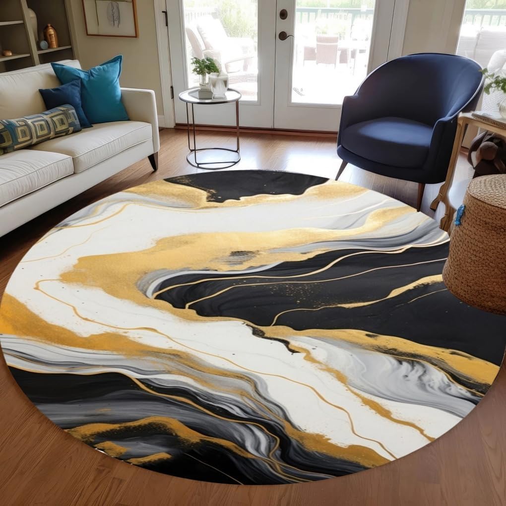Unique Aesthetic Modern Abstract Black Gray Gold Marble Round Area Rug for Living Room Bedroom Guestroom Art Deco Luxury Circle Office Meetingroom