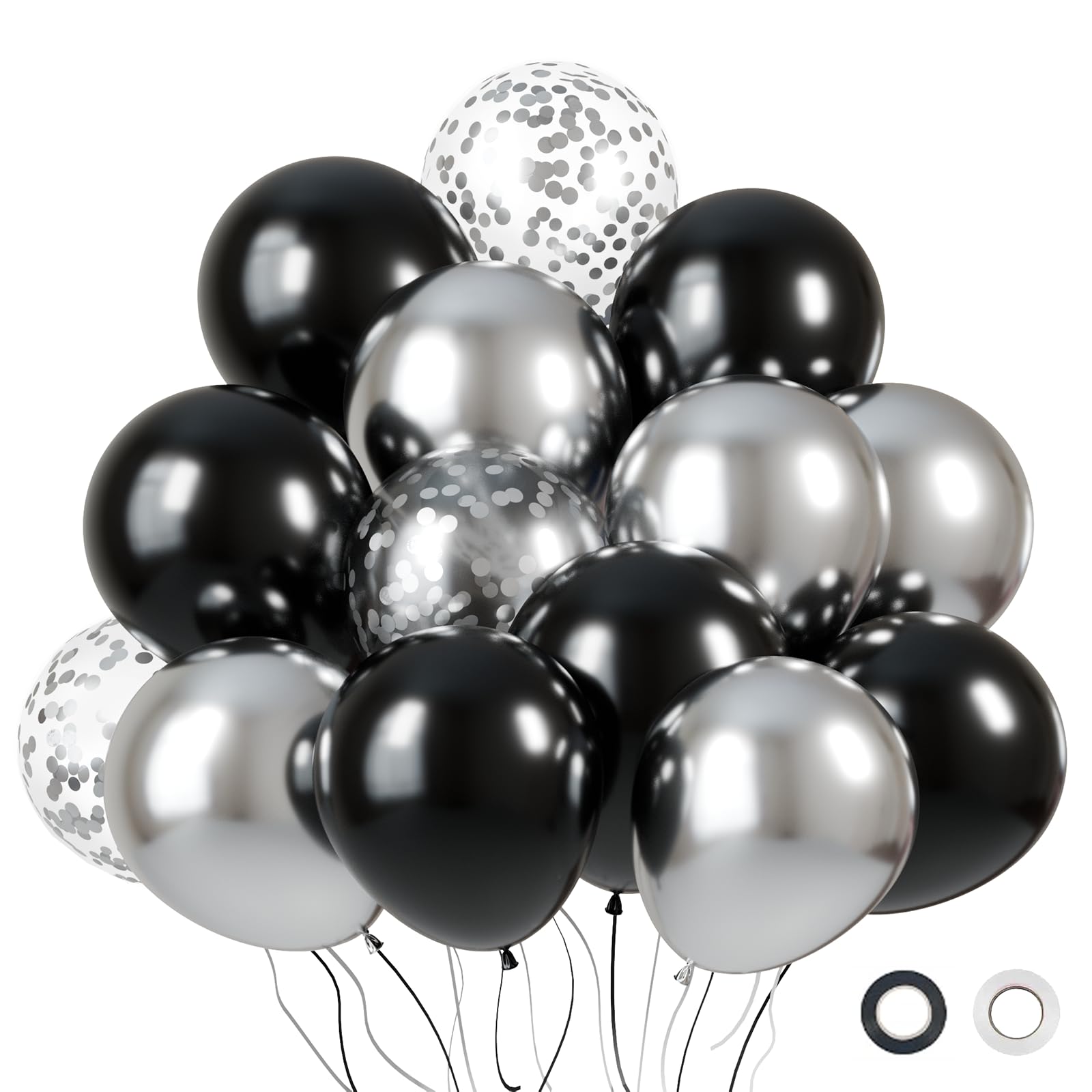 KBZVNAF Black and Silver Latex Balloons - 60 Pack 12 inch Black Metallic Silver Confetti Party Balloons for Birthday, Baby Shower, Wedding, Bridal