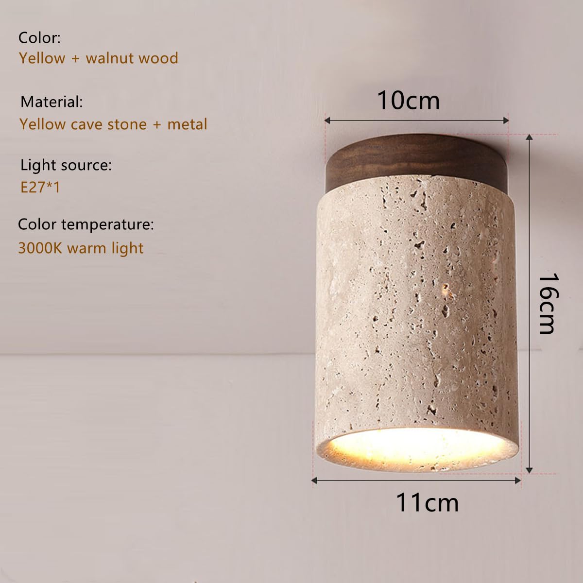Plafonnier Encastré en Travertin Plafonnier Cylindrique Moderne Spot Décor Lampe de Plafond Rétro Luminaire Plafonnier Intérieur pour Salon Café Couloir D11cm*H16cm(Noyer)