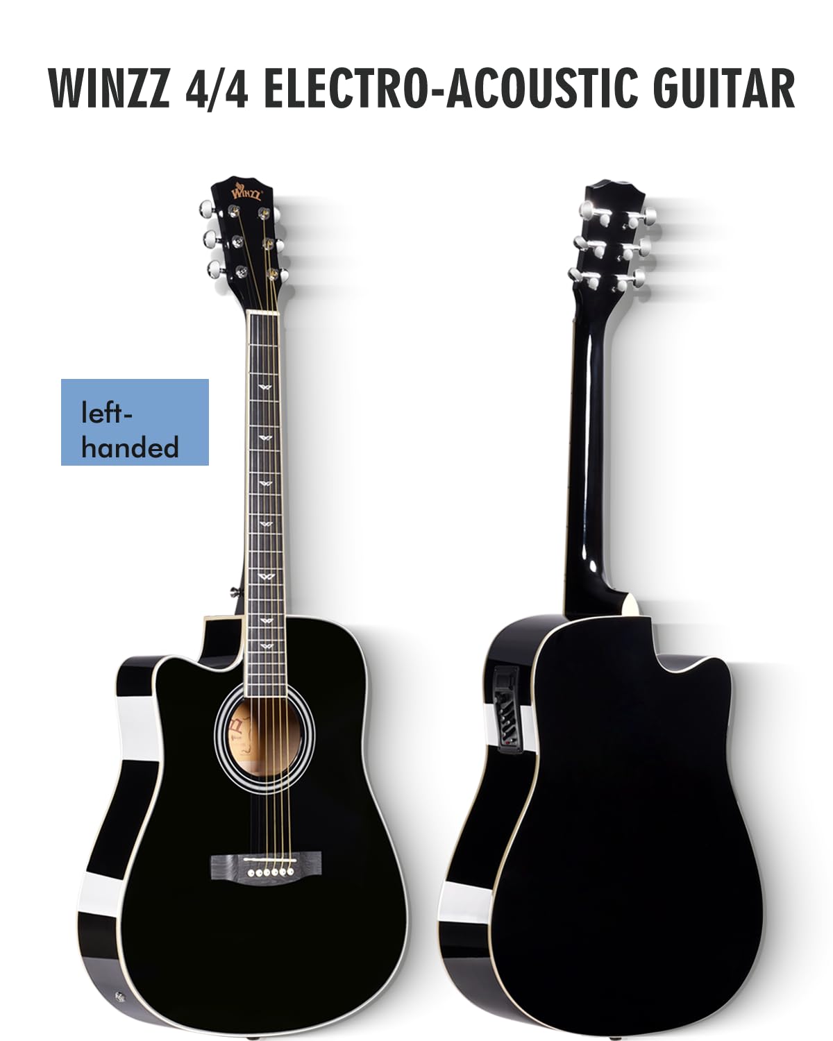 Winzz Guitare électro-acoustique folk 4/4 pour débutants et enfants à partir de 12 ans (gaucher noir)