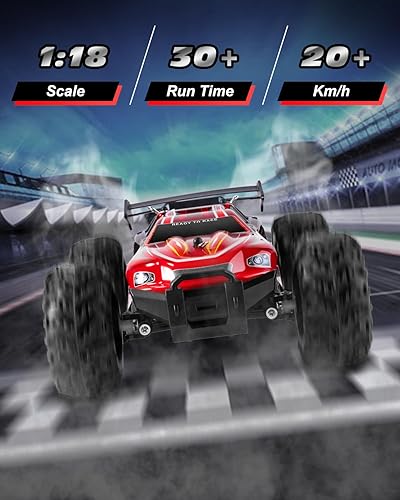 Miniatura 4 de Autos a control remoto a escala 118, camión monstruo todoterreno de 2.4 GHz, 12.4 mih de alta velocidad con 2 baterías recargables para niños,