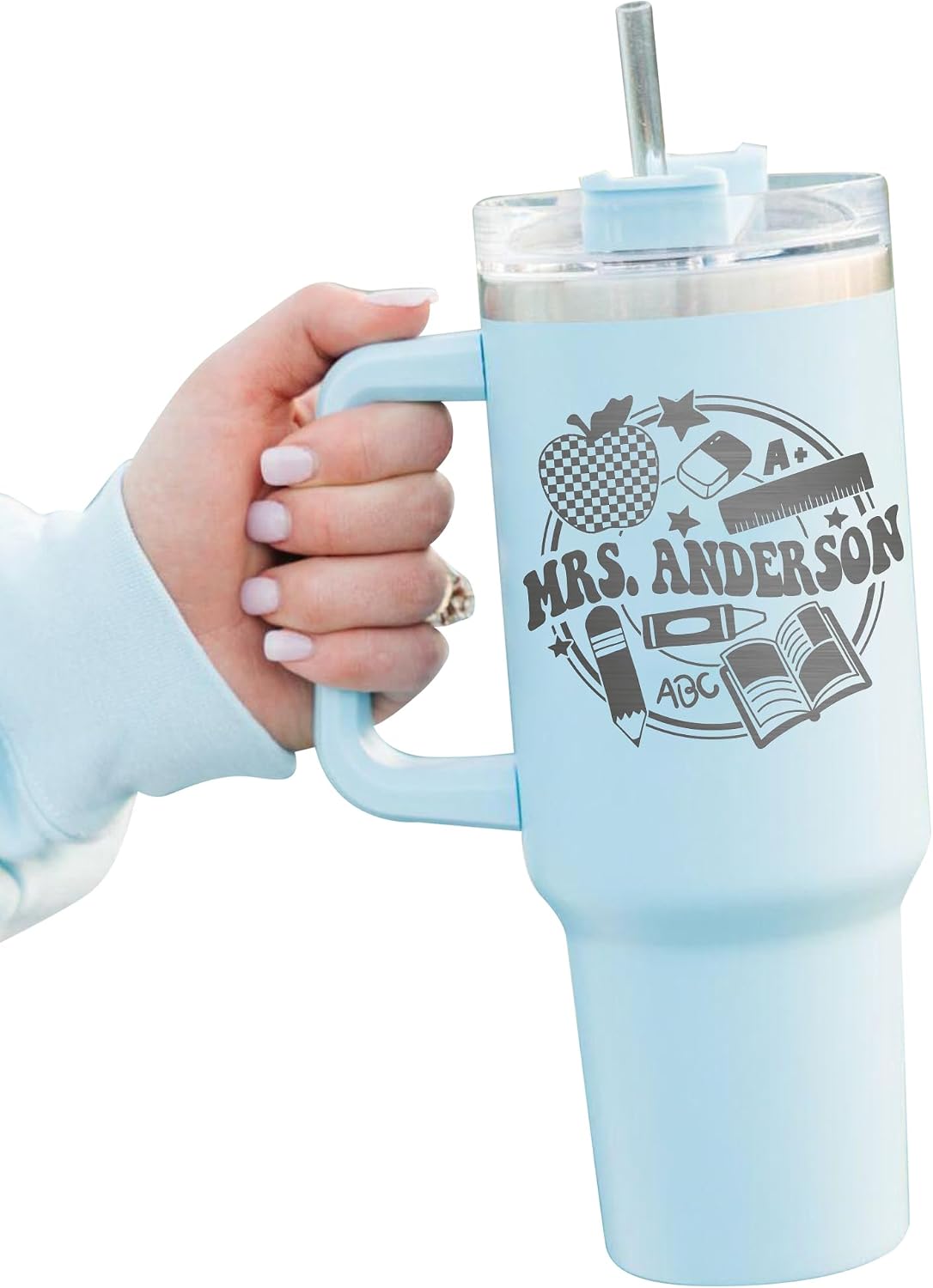 Teacher Day Personalized Tumbler 40 oz Laser Engraved, Insulated Cup with Handle, Lid and Straw,Teacher Appreciation Gifts,Best Teacher Gifts from Student,Teacher Birthday Gifts for Women