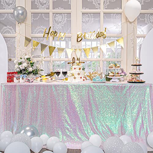 Kirsooku White Sequin Tablecloth Glitter Sparkly Iridescent Shimmer For 50 X 50 Square Table Cloth Decorations For Birthday Party Halloween Decor Supplies Event Wedding Table Covers #TOP18